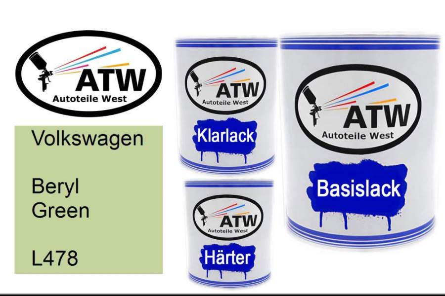 Volkswagen, Beryl Green, L478: 1L Lackdose + 1L Klarlack + 500ml Härter - Set, von ATW Autoteile West.